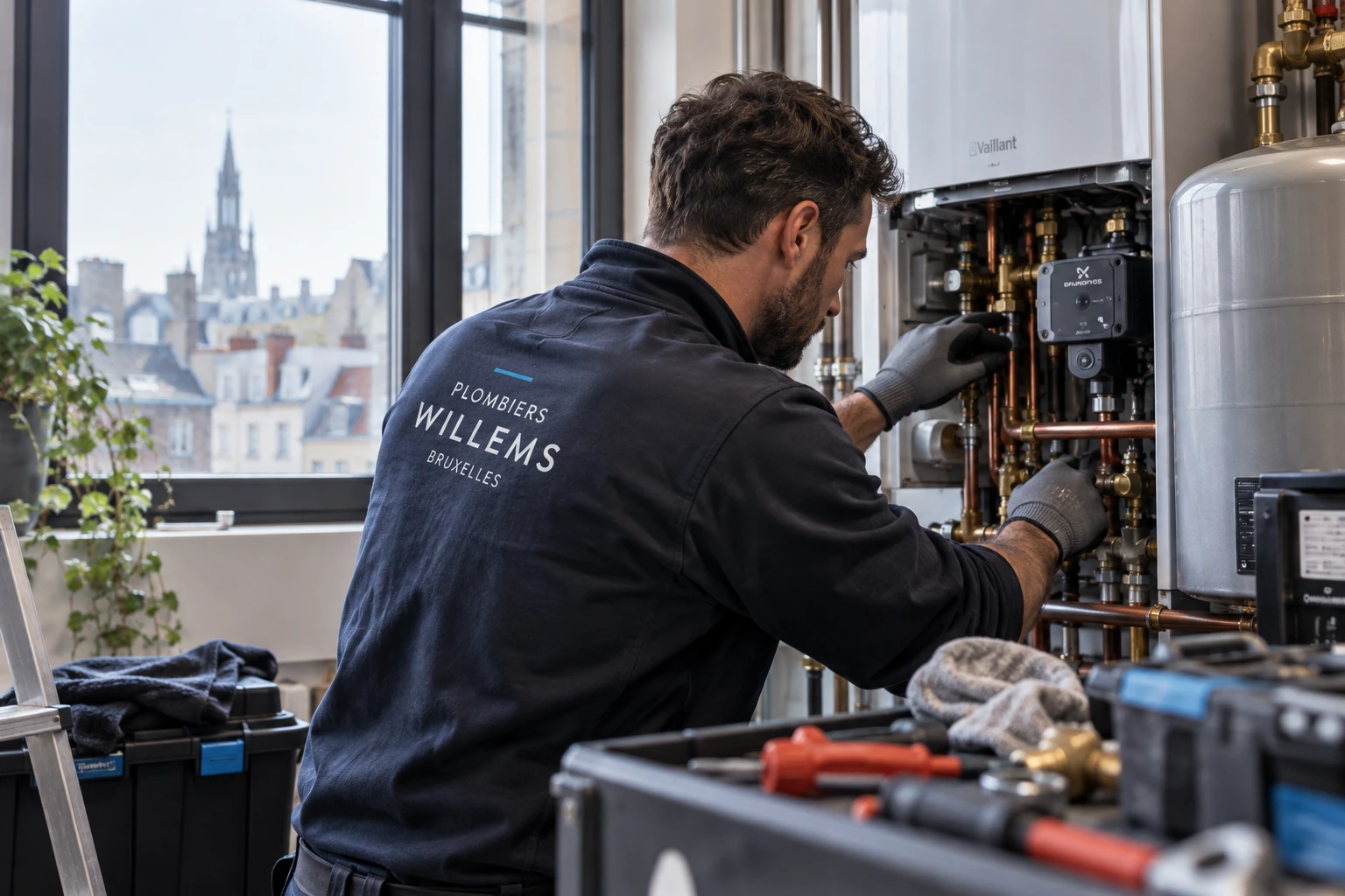 Technicus van Plombiers Willems aan een verwarmingsinstallatie in Brussel.