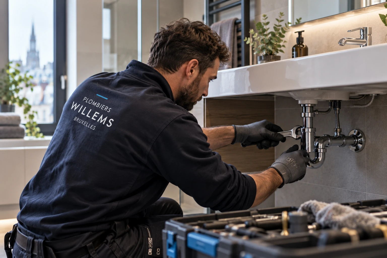 Technicus van Plombiers Willems werkt aan de afvoer onder een wastafel.