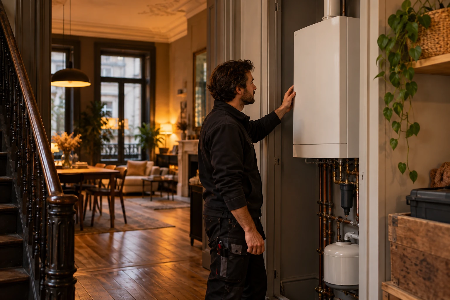 Technicus die een verwarmingsinstallatie controleert