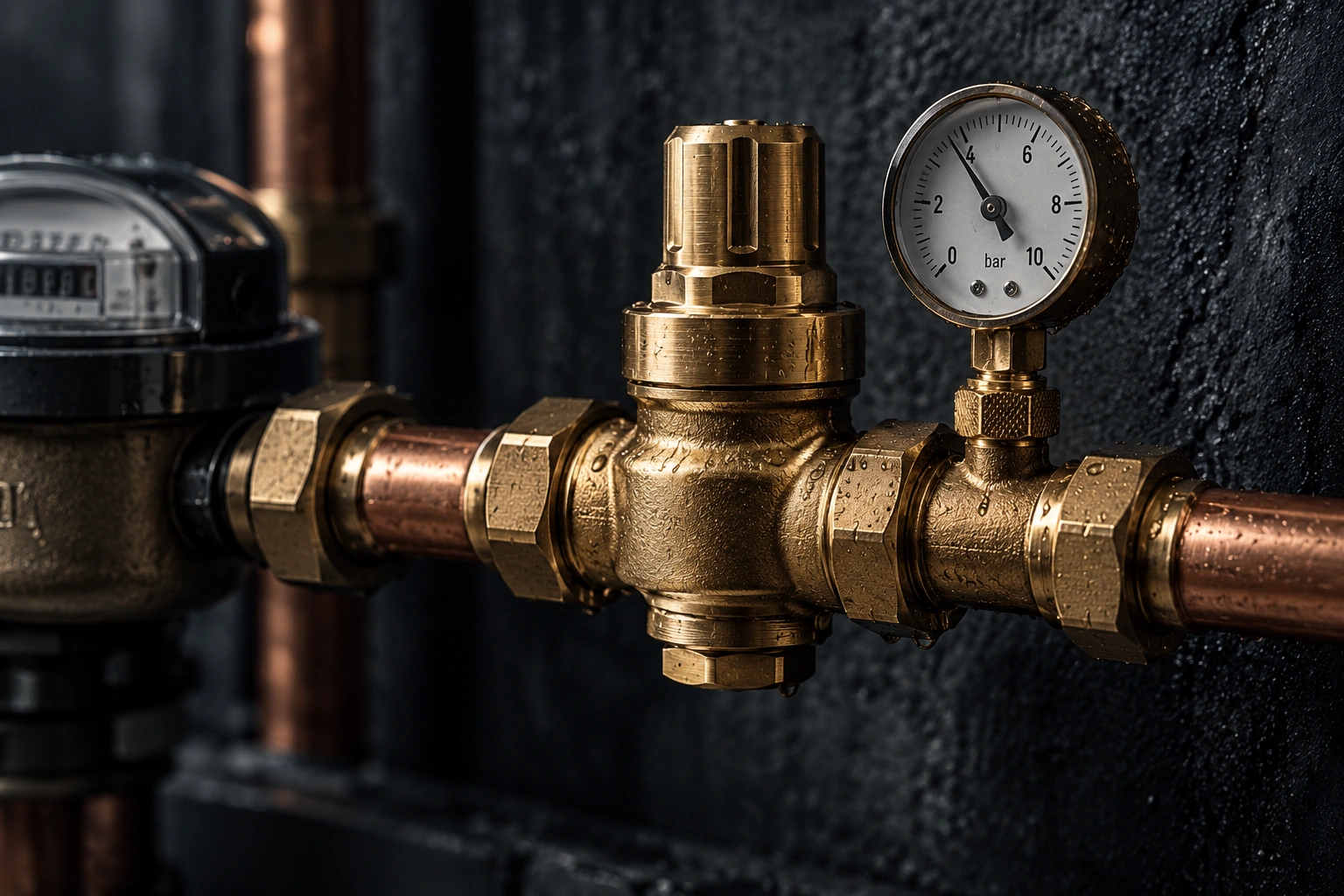 Illustration détaillée d’un réducteur de pression en laiton installé après un compteur d’eau.