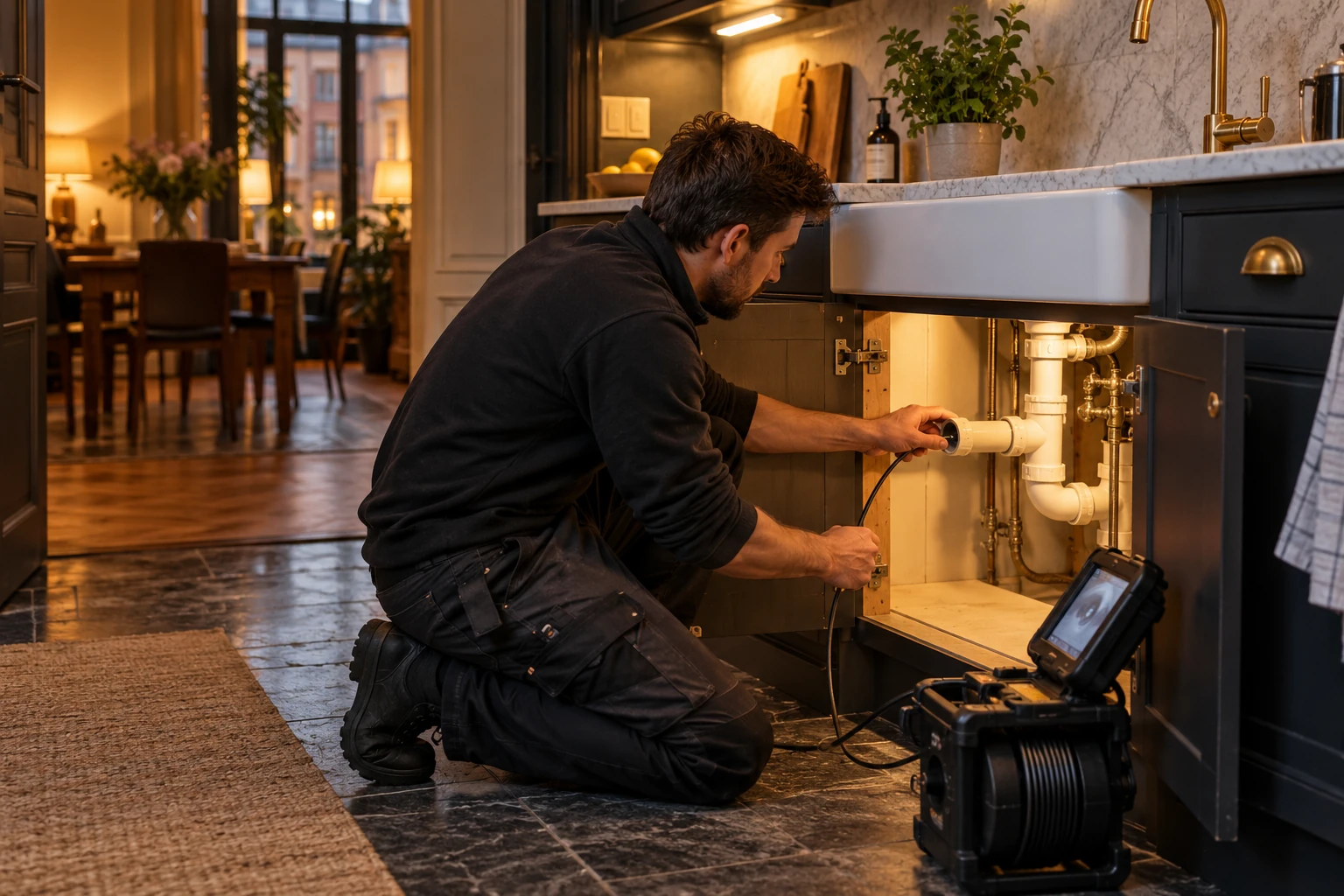 Technician inspecting a sink drain with a camera