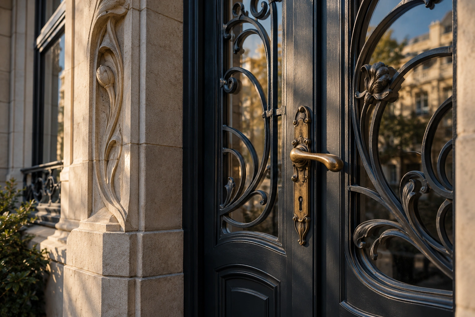 Illustration d’un détail de porte et de ferronnerie d’inspiration bruxelloise.