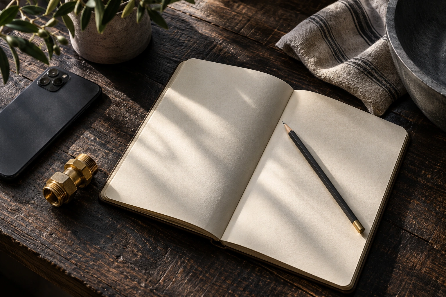 Illustration d’un carnet, d’un téléphone et de raccords sur une table.