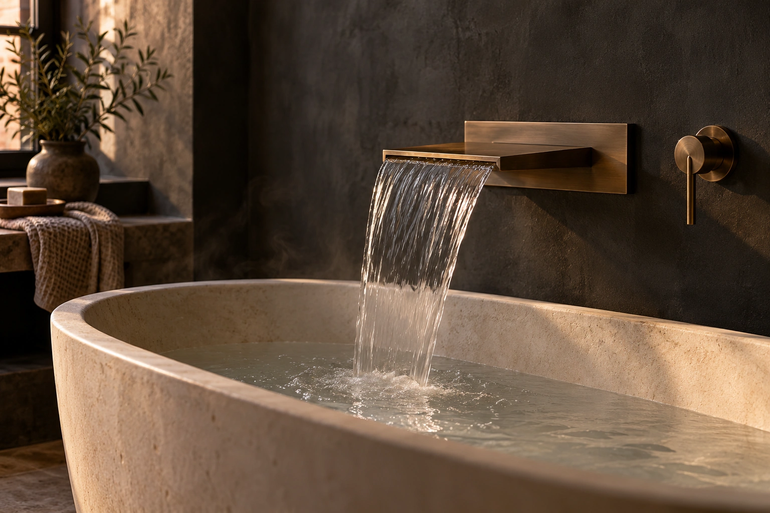 Illustration d’un bec en bronze et d’une baignoire en pierre.