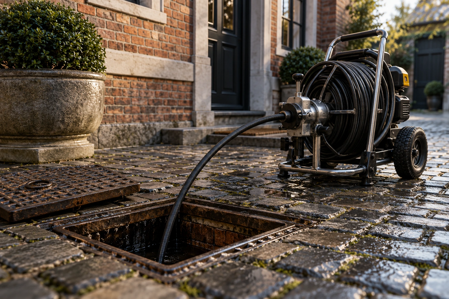 Illustration du nettoyage d’une canalisation avec du matériel de débouchage.