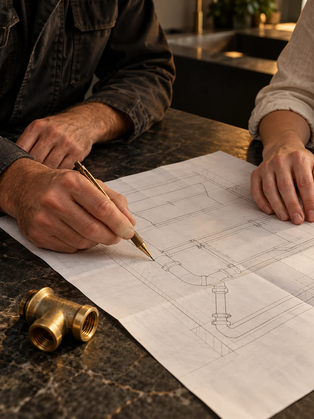 Échange autour d’un plan d’installation de plomberie