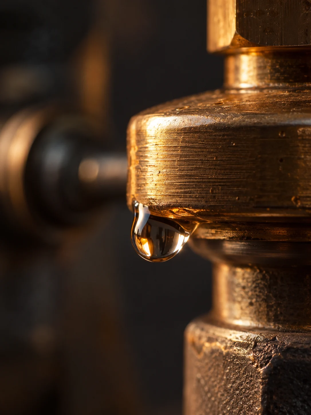 Détail d’une goutte d’eau sur un raccord en laiton