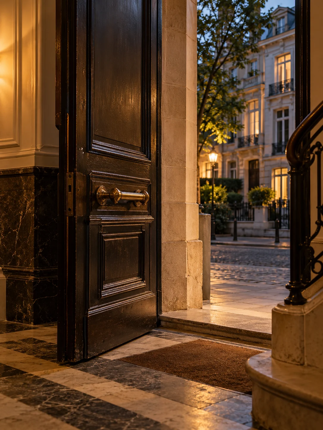 Entrée d’une maison bruxelloise éclairée par une lumière chaude