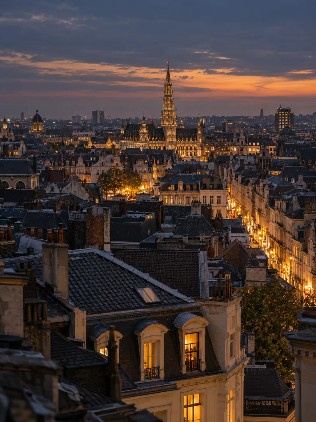 Vue sur les toits et les rues illuminées de Bruxelles au crépuscule